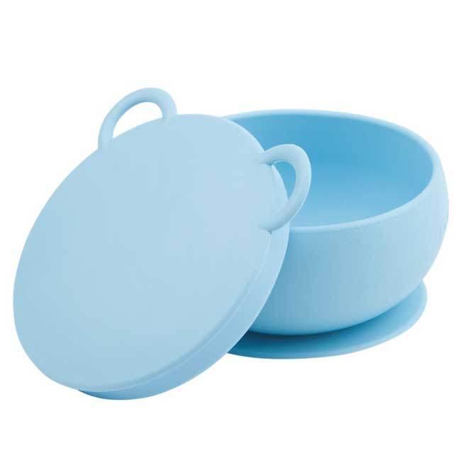 Bol de silicona con base de ventosa y en color azul  pastel.