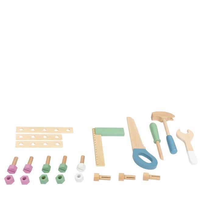 Banco portautensili giocattolo in legno con accessori, ideale per giochi di costruzione e per stimolare la creatività dei bambini.