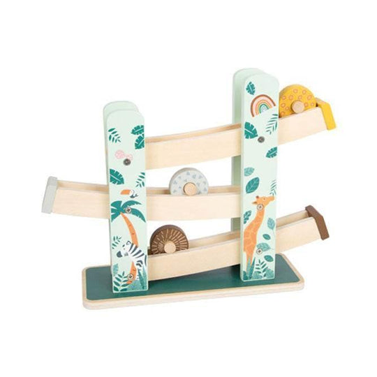 Sur ce jouet de montagnes russes en bois, trois roues en bois colorées décorées de motifs mignons roulent sur trois rampes, agrémentées de dessins d'animaux.