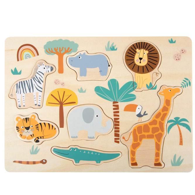 Puzzle in legno raffigurante animali africani: giraffa, zebra, leone, ippopotamo, coccodrillo e tigre. Dipinti nei loro colori.