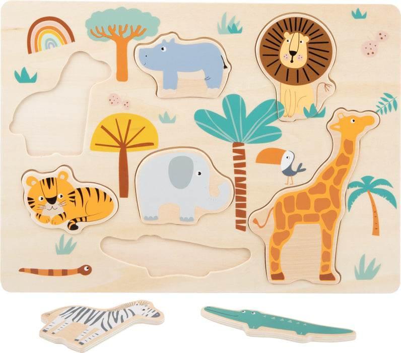 Puzzle per bambini con figure di animali da safari, pezzi in legno per favorire la motricità fine e il gioco educativo.