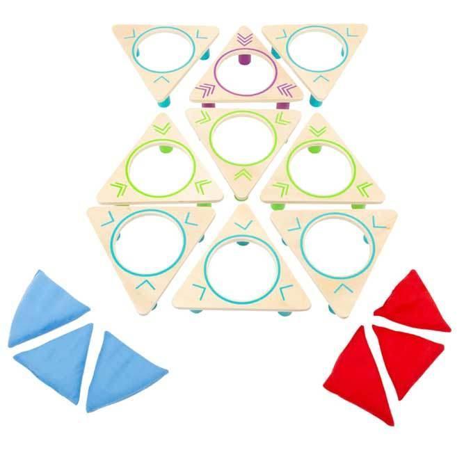 Precision throwing set with triangular wooden bases and fabric bags, designed for fun and learning
