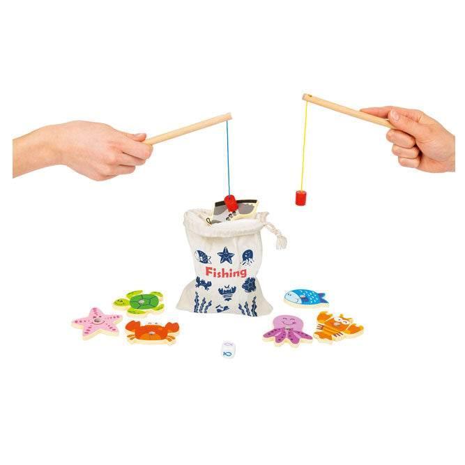Set da pesca giocattolo con magneti, include canne e animali marini in legno, perfetto per giochi educativi e divertenti
