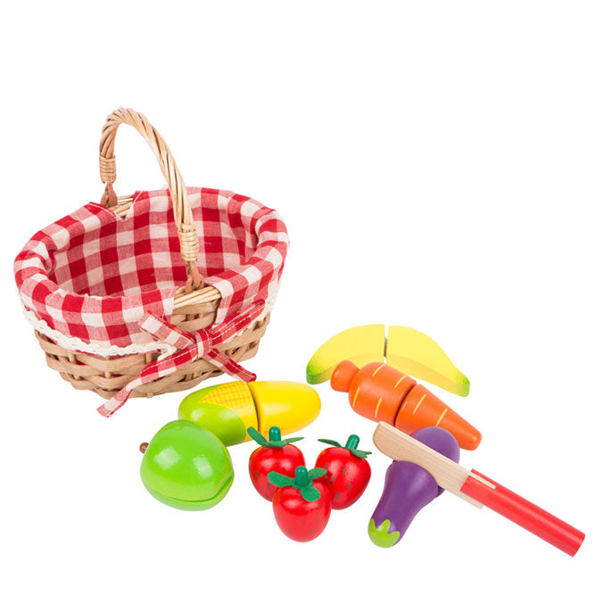 Set de picnic de juguete con frutas y verduras de madera, ideal para juegos de imitación y educación alimentaria en niños.