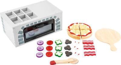 Set giocattolo per pizza con forno, ingredienti e utensili in legno, pensato per giochi di ruolo e apprendimento divertente.