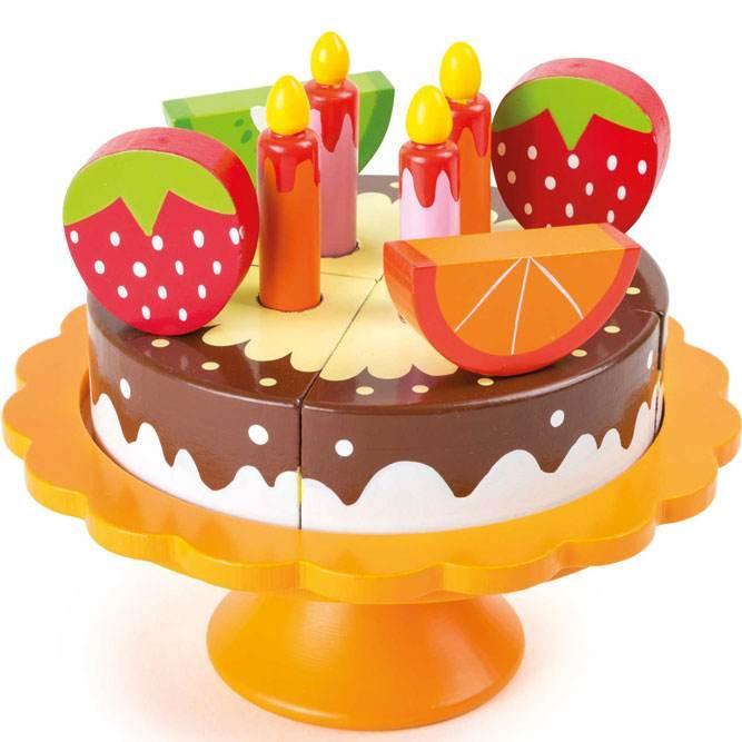 Torta di compleanno giocattolo in legno con candeline e frutta rimovibili, ideale per il gioco simbolico e la creatività dei bambini.