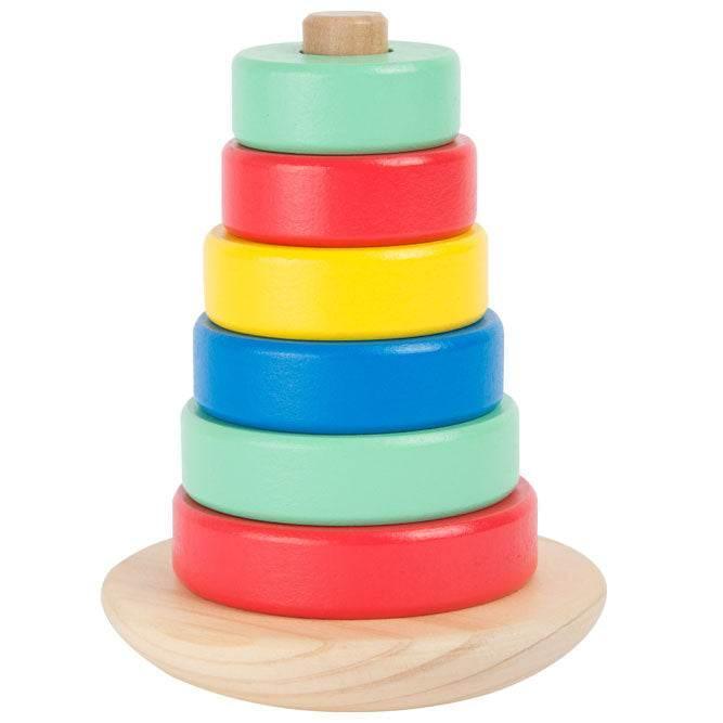 Torre di impilamento in legno con anelli colorati su base oscillante