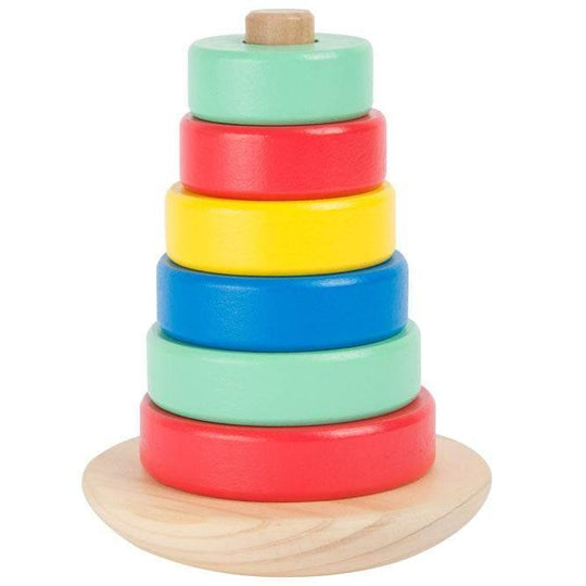 Wooden stacking tower with colored rings on a swinging base