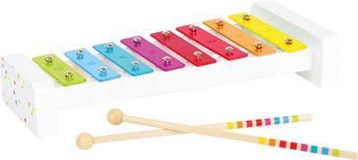 Xilofono giocattolo educativo in legno con tasti colorati e bacchette, ideale per sviluppare il senso musicale dei bambini.