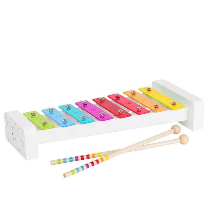 Lo xilofono è dotato di note musicali per imparare diversi brani, identificati da note e colori.